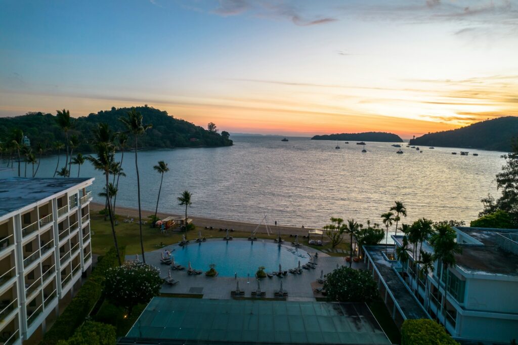 A view of a body of water at sunset